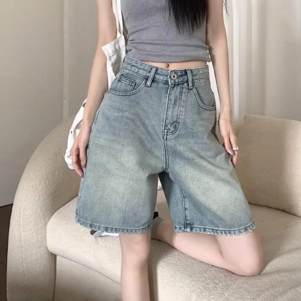 Retro Style Women Denim Shorts High Waist Vintage Washed Straight Wide Leg Button Zipper Knee Length Jeans Shorts Summer