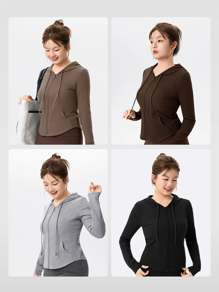Plus Size Women's Workout Jackets Long Sleeve Yoga Coat with Drawstring Loose Fitness Tops for Women Outdoor Sports Wear Hoodie