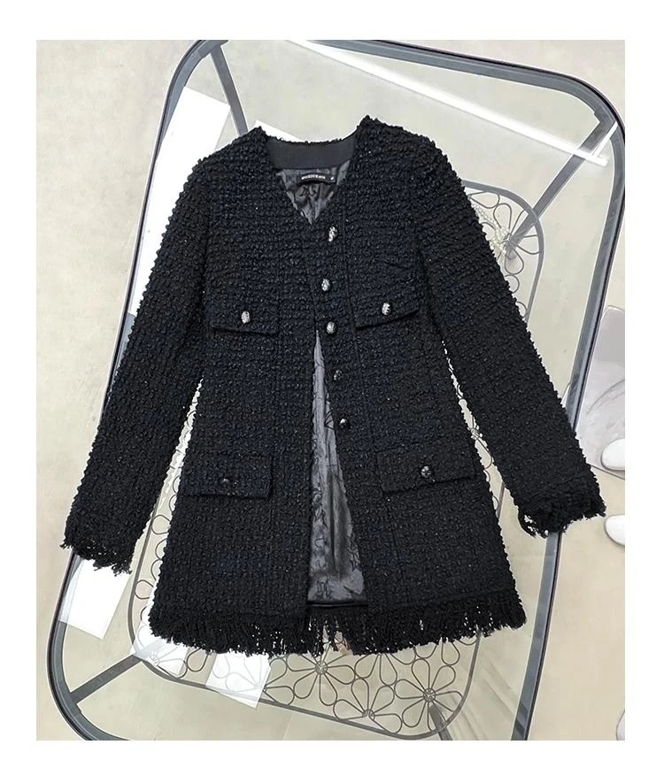 Brand New 2023 Autumn Winter Chic Women High Quality Vintage Tassels Elegant Black Tweed Coat F277