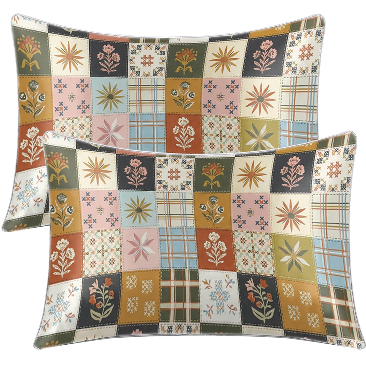 2PCS Vintage Patchwork Floral Plaid Grid Print Satin Pillowcase Soft Silk Pillow Cover Envelope Closure Bedroom Sofa Decor