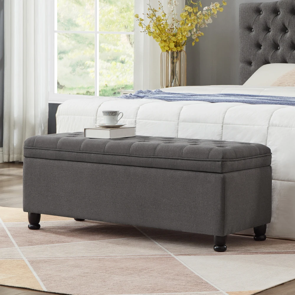 

Upholstered tufted button storage bench ,Linen fabric entry bench with spindle wooden legs, Bed bench- Dark Gray