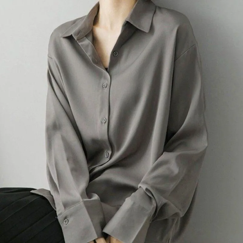 Smoke Gray Shirt 2025 Spring Fashion Button Satin Silk Shirt Spring Vintage Blouse Women White Lady Long Sleeves Female