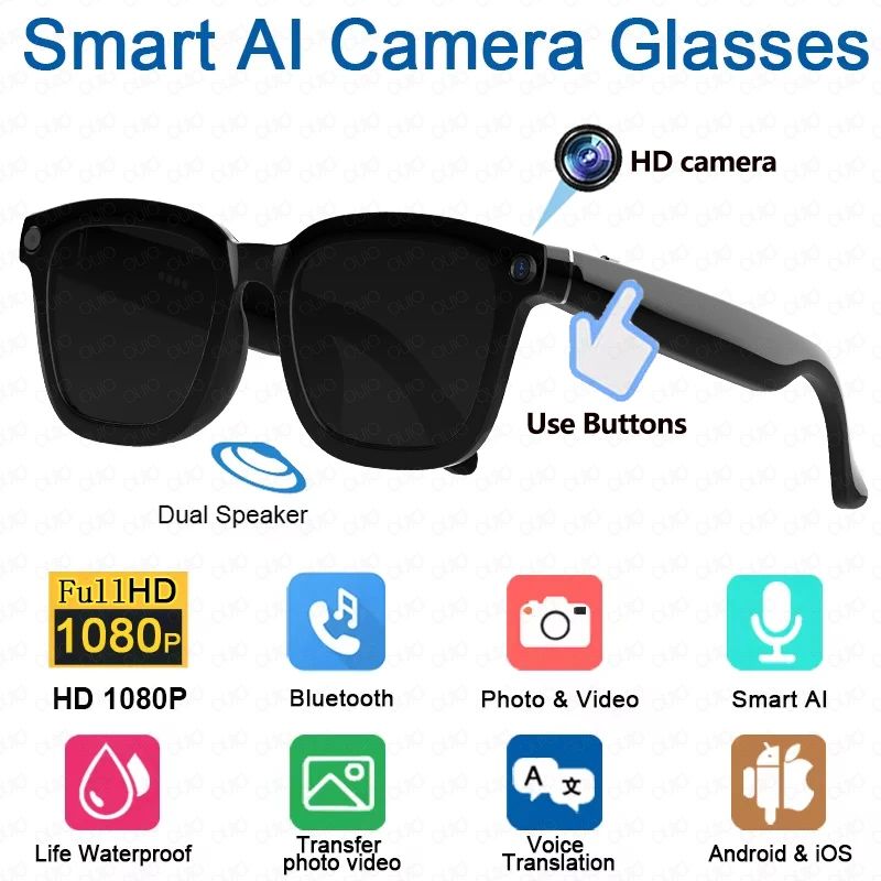 2025 New Smart Glasses 800W HD Camera Video Photo Record AI Translation Waterproof Bluetooth Call Music Smart Glasses Women Men