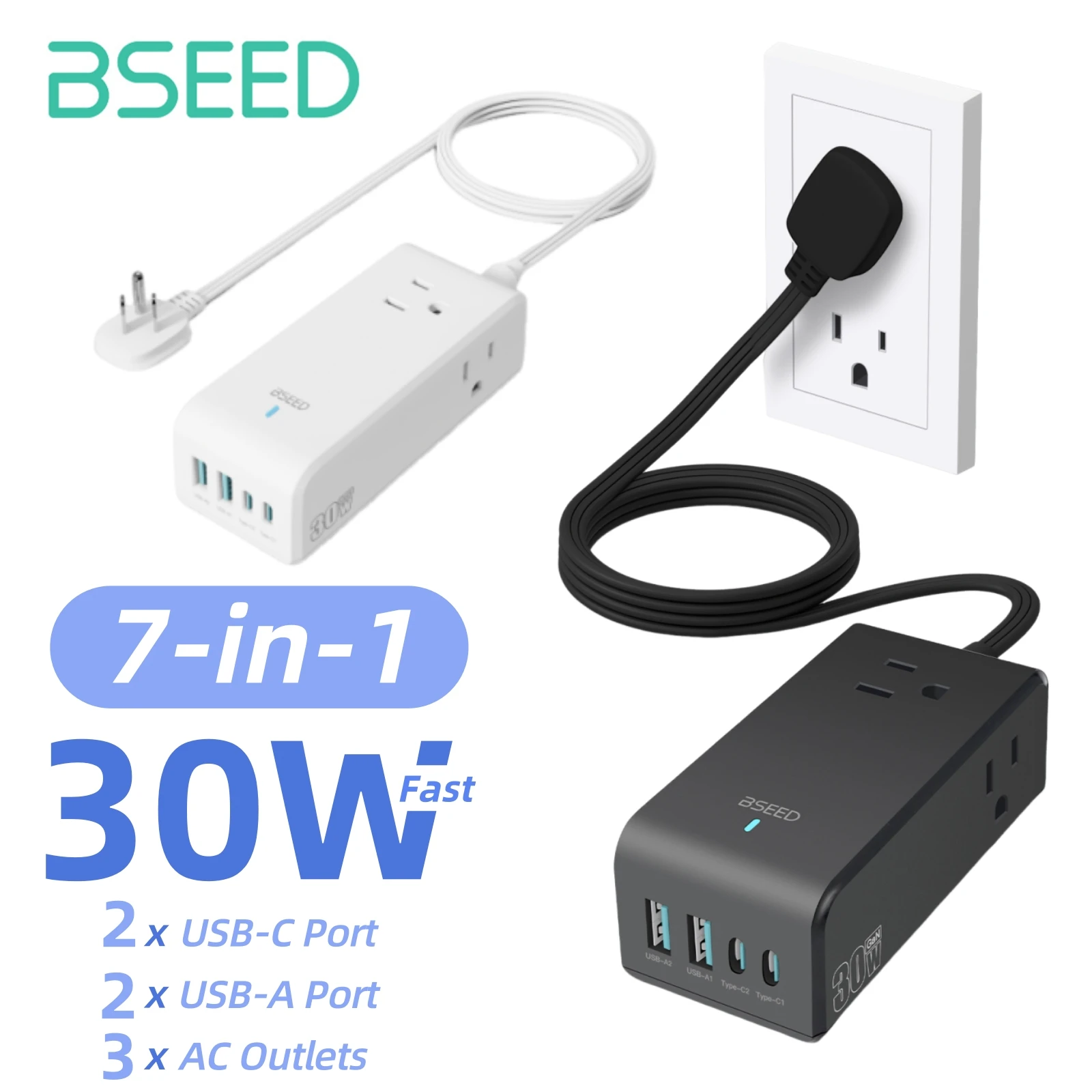 

Bseed 30W Power Strip US Switch USB C Fast Charging 7-in-1 Multifunctional USB A for Most Devices Power Socket