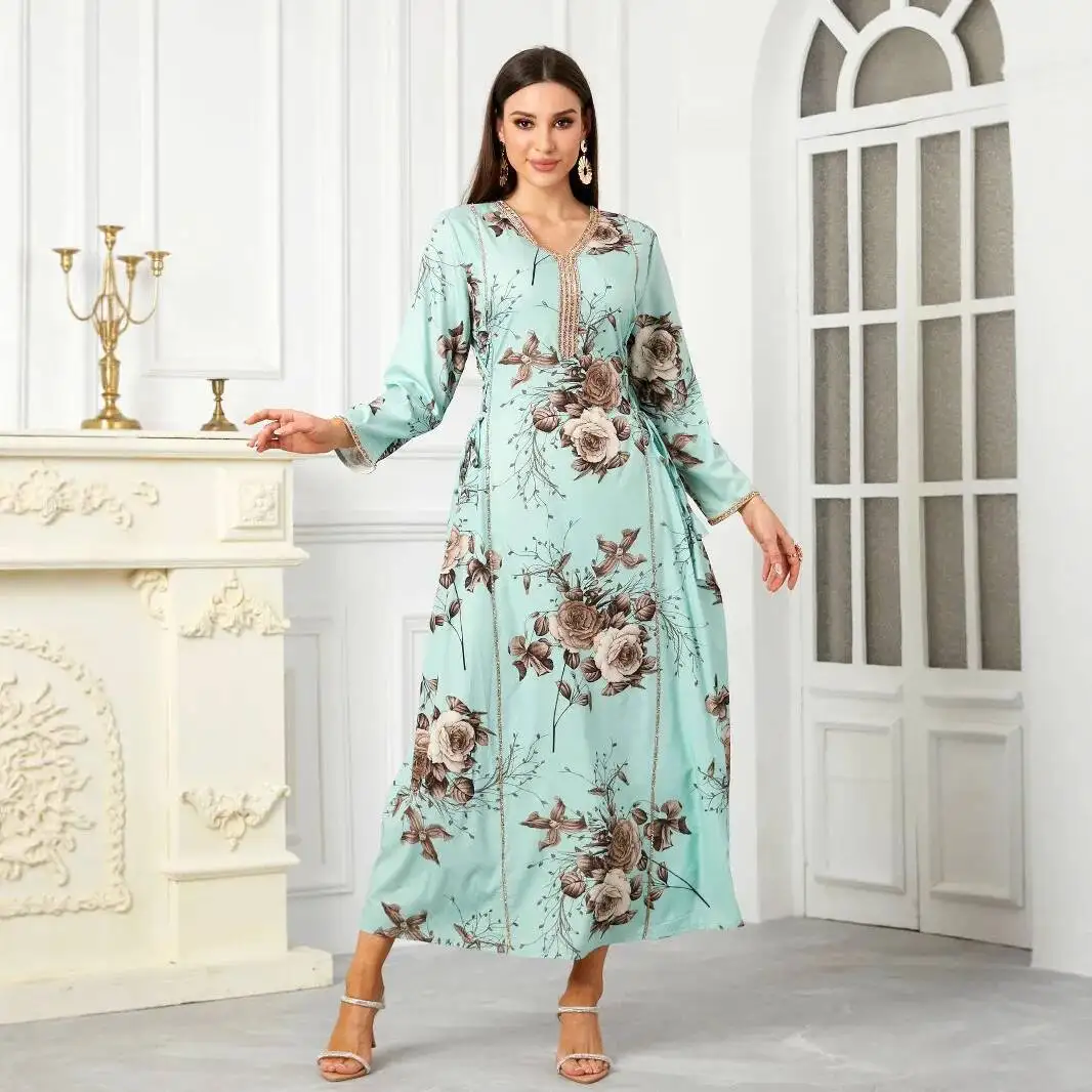 

New Musilin Women's V-neck Abaya Long Robe Printed Long Dress Gold-edged Dress Middle Asia Ramadan Dubai Luxury Islamic Elegant