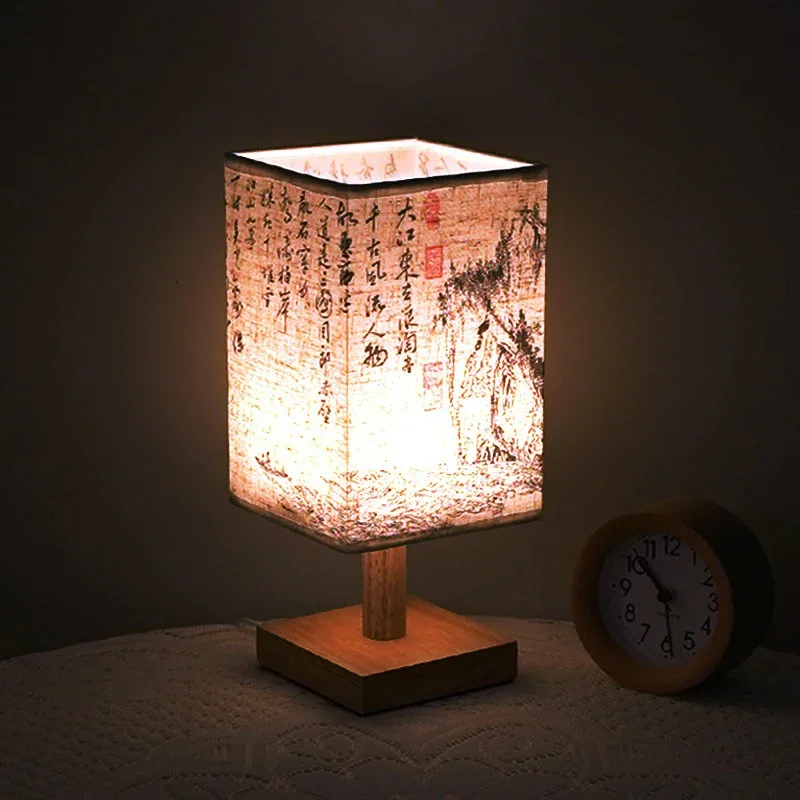 LED Decoration Table Lamps Simple Chinese Style Dimmable Plug Night Light Fabric Lampshade Square Bedroom Bedside Desk Lights
