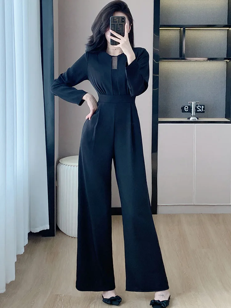 

Elegant Women Black Long Sleeve Jumpsuits 2024 Spring Vintage Office OL Lady Slim Waist Ladies Clothes Fashion Wide Leg Rompers