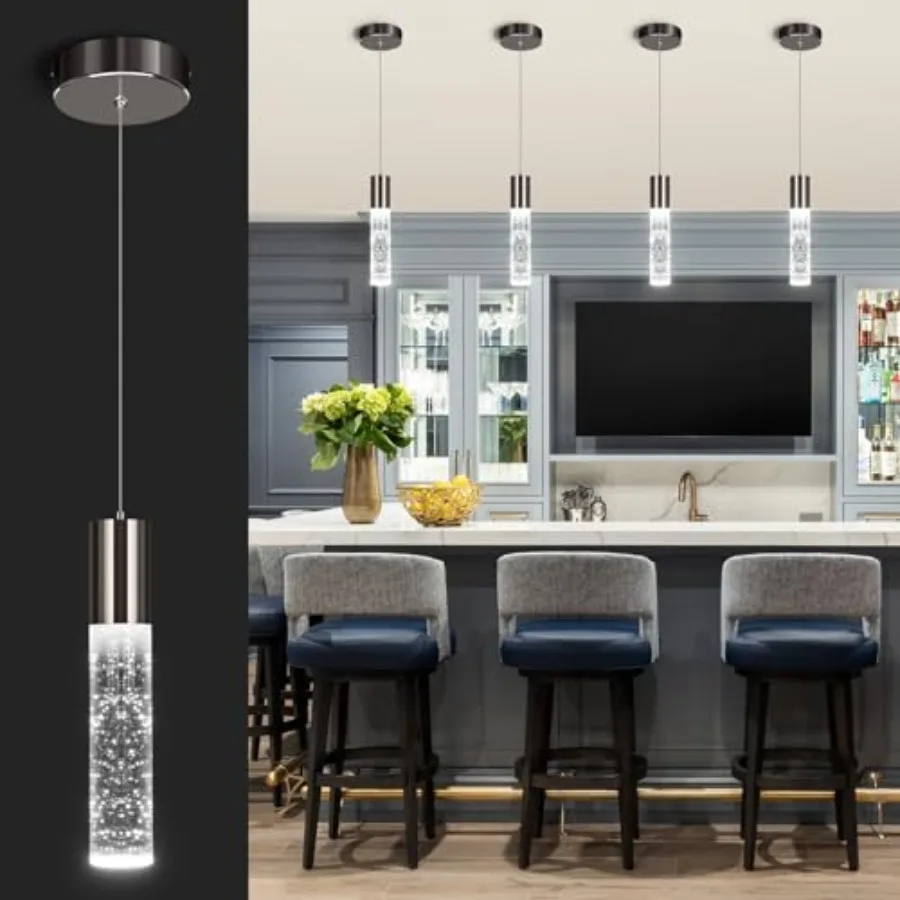 Modern Pendant Light, LED Bubble Crystal Kitchen Island Lights Fixtures, Mini Single Pendant Lighting for Kitchen Island Bar, 6