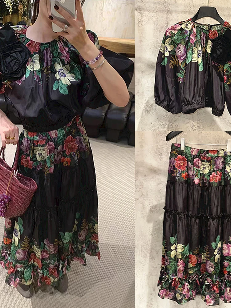 

American Style SE26 Romantic Floral Fashion Smooth Waist Cinching Lantern Sleeve Top Long Skirt Ladies Set Spring Summer