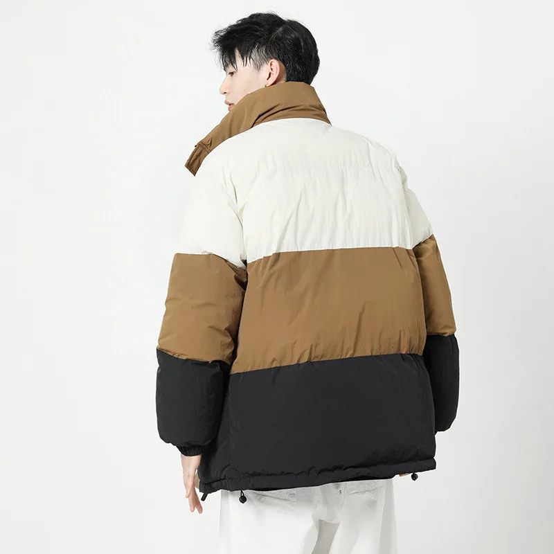 Winter Men Jacket Thicken Warm Patchwork Stand Collar Male Down Outerwear Long Sleeve Zipper Loose Versatile Man Coat