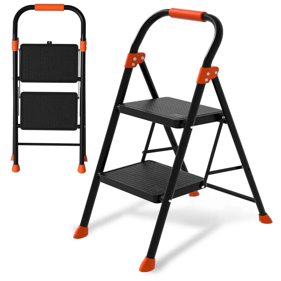 

Лестница-стремянка, складная лестница-табурет с оранжевой мягкой ручкой, черная прочная лестница-стремянка с широкими противоскользящими ступенями, грузоподъемность 900 фунтов.
