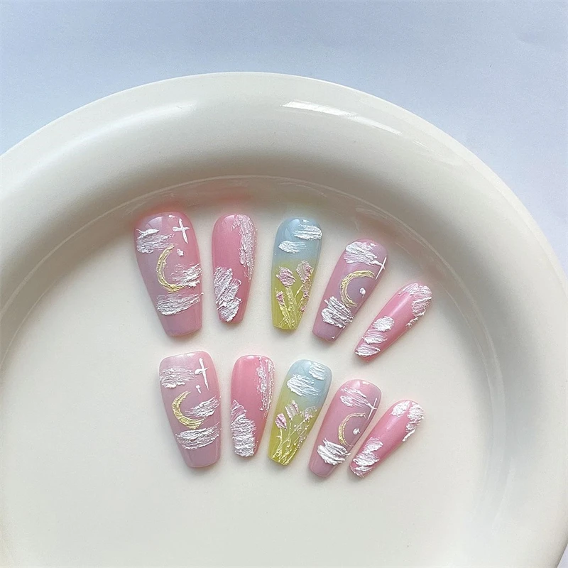 Oil Painting Handmade Fake Nail Design Reusable Press On Nails Cute Butterfly Flower Wearable Adhesive Women False Nail Tips Art
