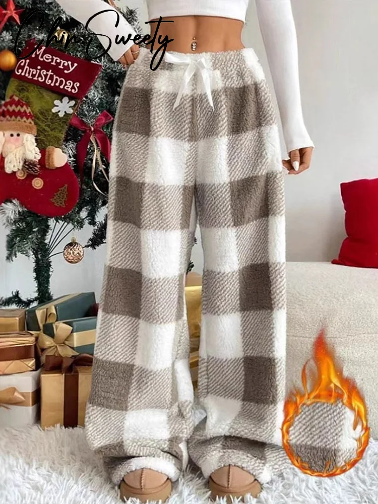 Spodnie damskie na sznurku w kratę, świąteczne, z obniżonym stanem, plisowane, z szerokimi nogawkami, na wiosnę i jesień 2026, z panelami.