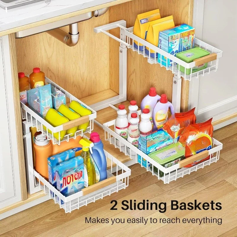 Adjustable L-shaped metal slide cabinet under sink wall-mounted storage racks in kitchens and bathrooms for confined spaces