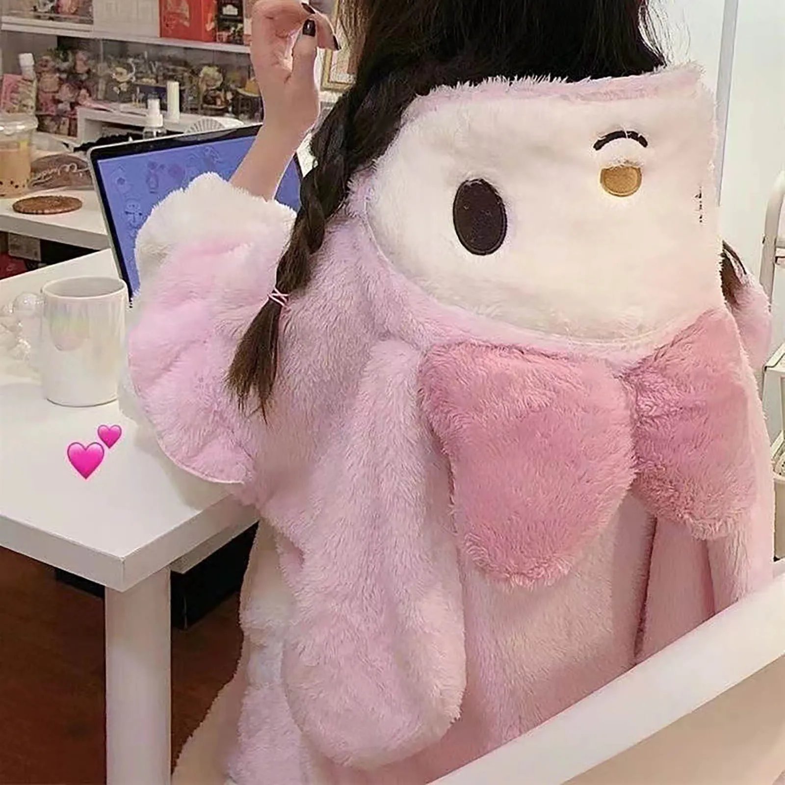 Cartoon Kuromi Coral Fleece Plus Velvet Thicken Nightgown Loungewear Girly Kawaii Winter Outdoor Long Style Hooded Home Clothes