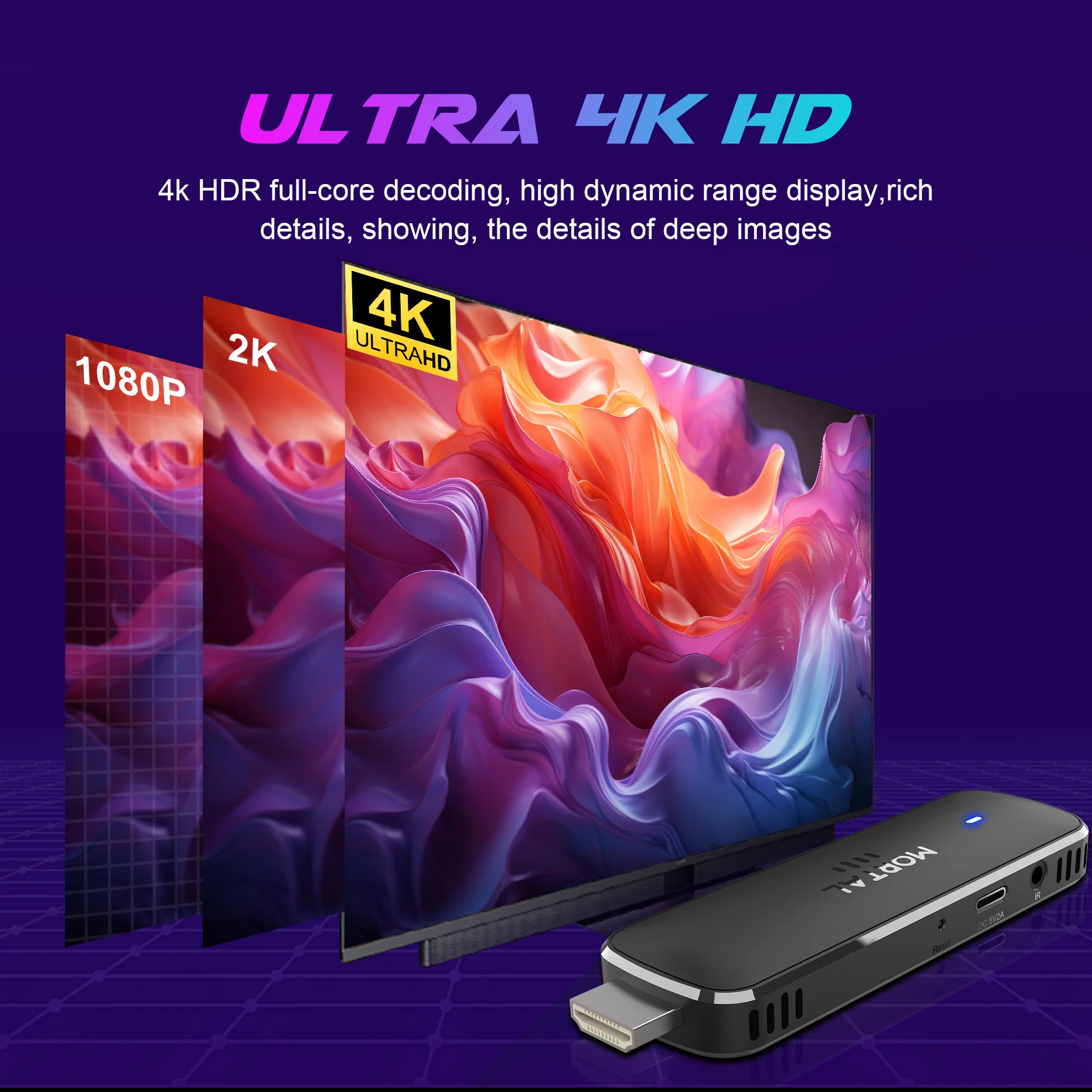 عصا التلفزيون Mortal Q8 Ultra Home Theater Live TV Stick، واي فاي 6، التحكم الصوتي 4K UHD Android 14 Allwinner H313 Chromecast