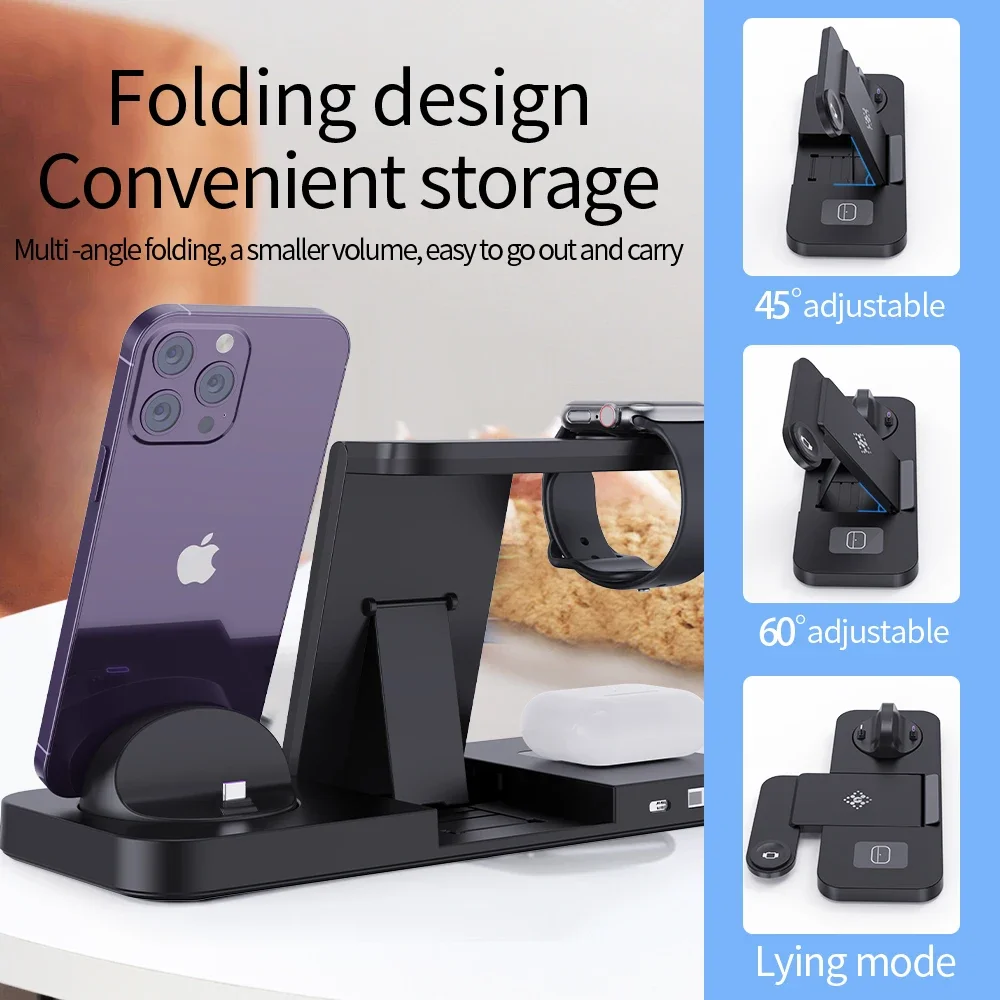 Foldable 6 In 1 Wireless Charger Stand For iPhone 15 14 13 12 11 X Apple Watch 8 7 6 5 4 3 2 Airpods Fast Charging Dock Station