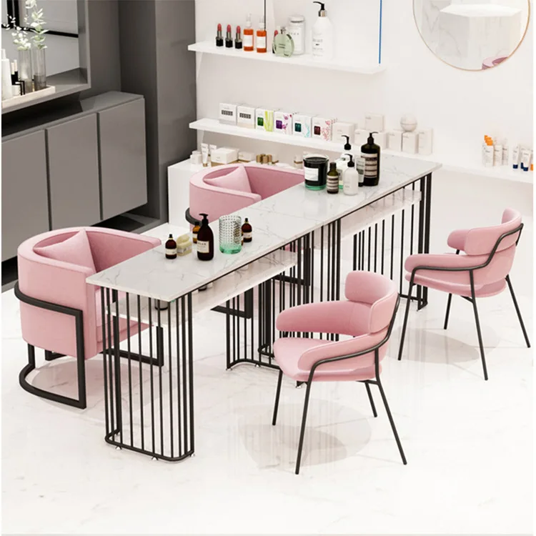 

High Quality Marble Nail Table Metal Custom Modern Salon Furniture Pink Manicure Table And Chair