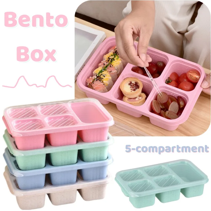 Wheat Straw Lunch Box 5-Compartment Bento Box Heat-resistant Kids Prep Container Reusable Food Storage Containers Fruits Case