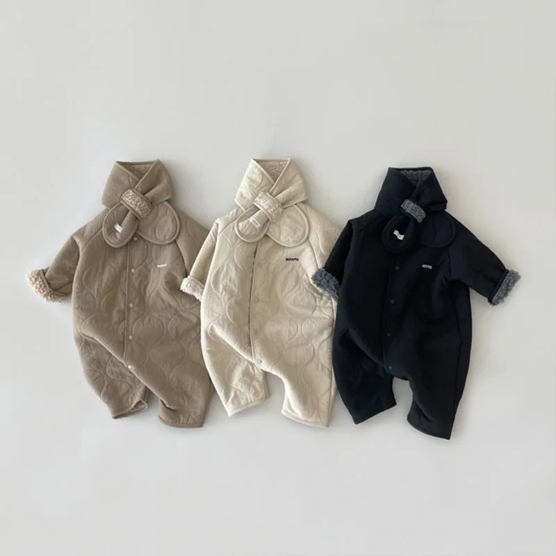 

2025 Winter New Baby Long Sleeve Fleece Romper Infant Boys Vintage Casual Jumpsuit Plus Velvet Thick Toddler Girls Warm Clothes