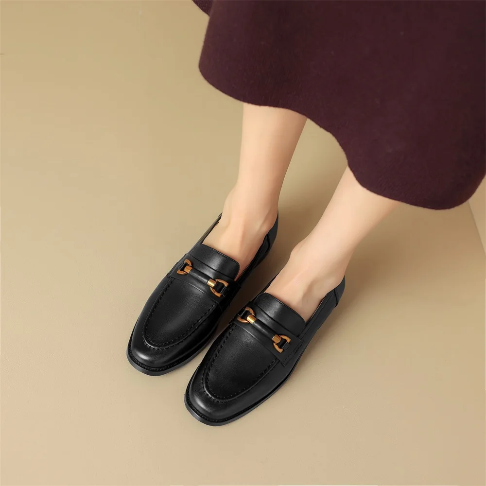 RIZABINA Size 36-41 Women Penny Loafers Genuine Leather Round Toe Metal Chain Flats Ladies Slip-on Casual Daily Shoes Handmade