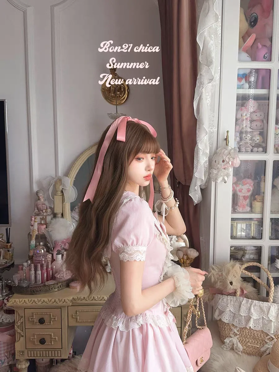 Princess sweet lolita dress bobon21 Berry Mist Mint lace bow pink Japanese Style Retro Cute Tencel Vinegar Hemp Dress D2419