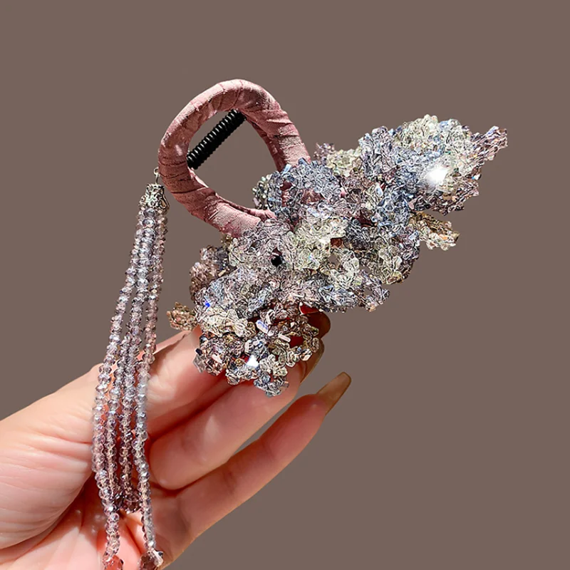 New Handmade Starry Sky Crystal Hair Claws with Tassel Back Head Full Hairpin Hair Clips Sweet Shark Clip Accessories