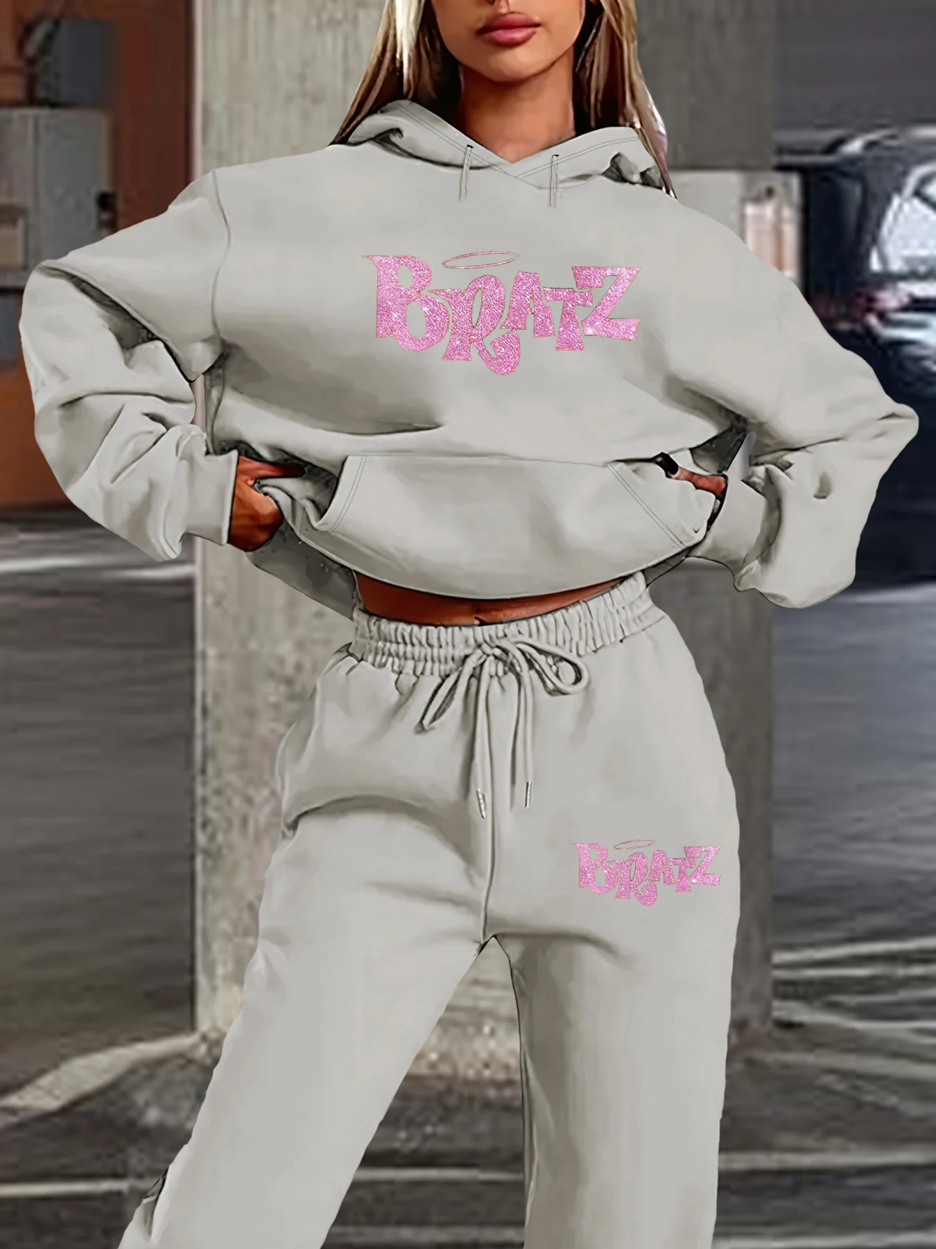Conjunto de moletom feminino + calças esportivas hip hop street casual brtz carta padrão impresso solto outono/inverno roupas quentes