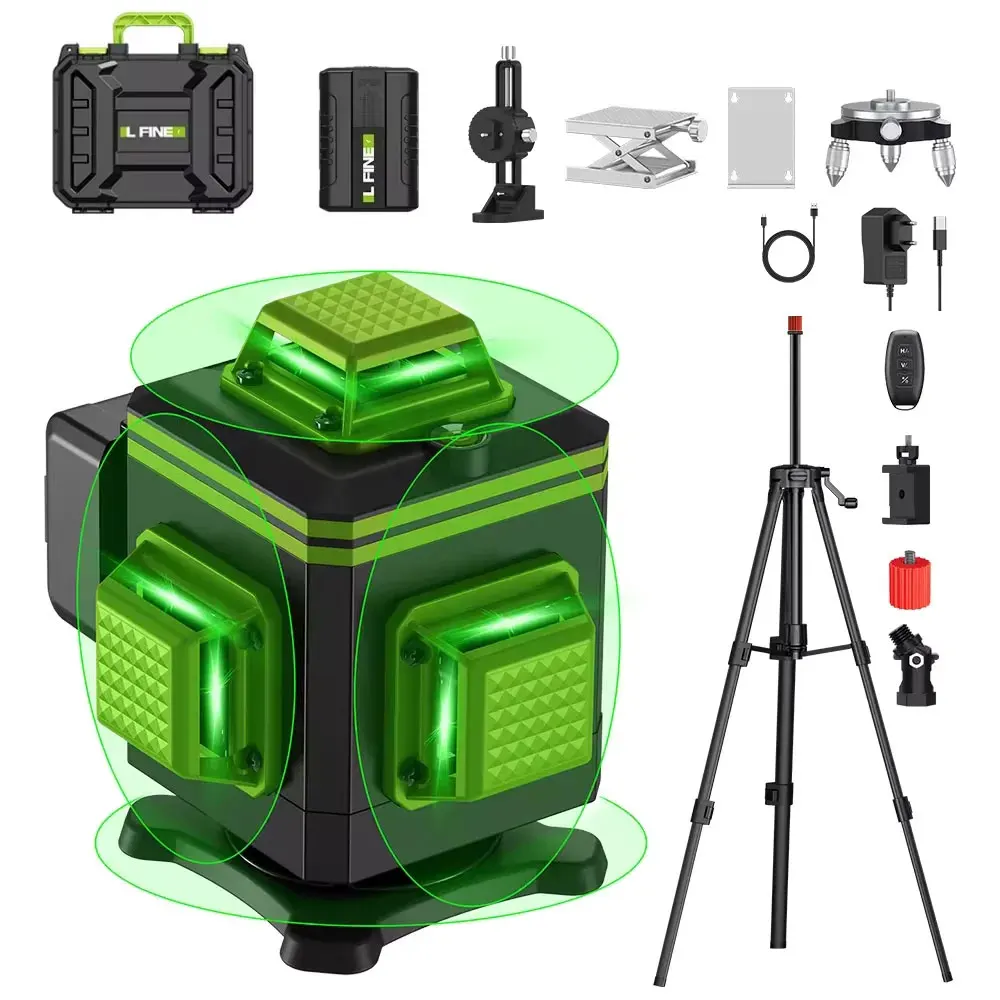 Lfine Nivel Laser 4D 16 Lines 360°Self-leveling Laser Levels withTripod and Suitcase Green Lines Professional Laser Level Tool