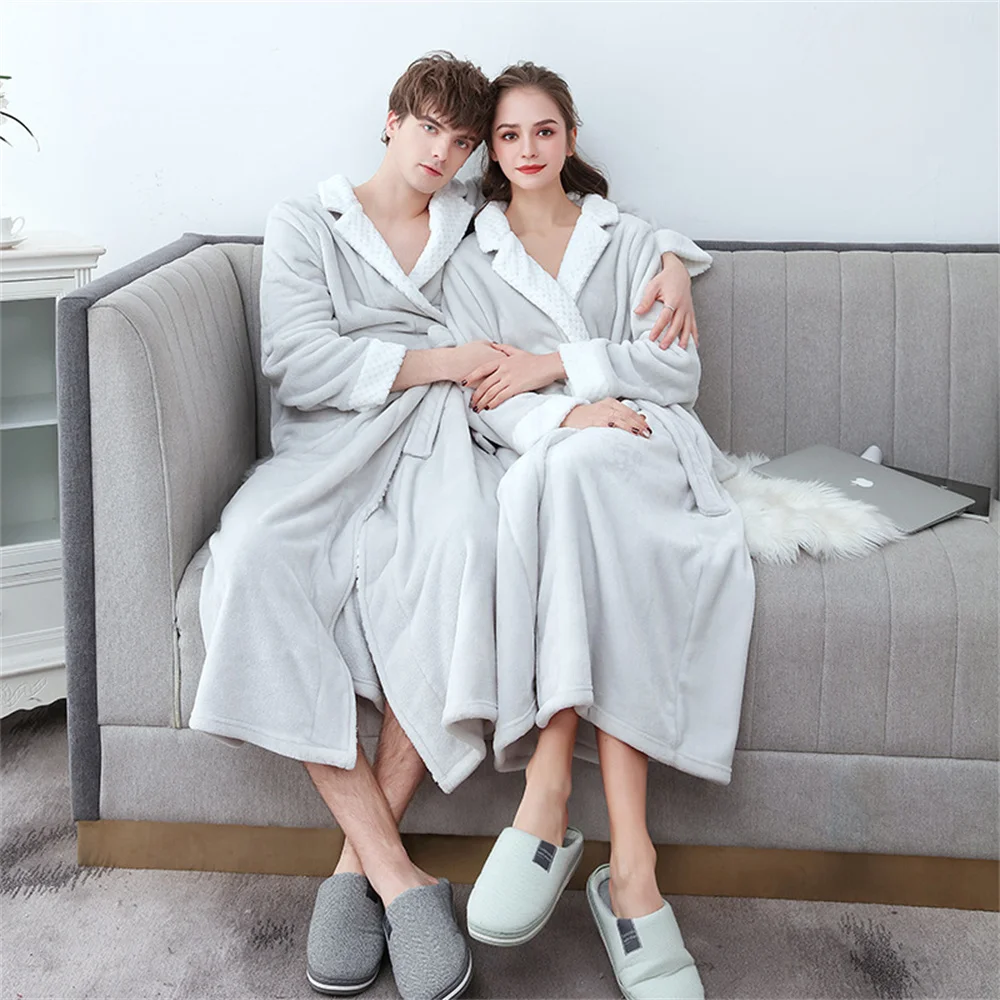 Couple Mens Womens Winter Warm Flannel Robes Fleece Long Sleepwear Lounge Housecoat Bathrobe For Hotel Spa