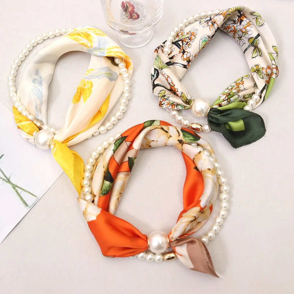 New Magnetic Buckle Magnetic Pearl Neck Scarf Detachable Small Pearl Long Thin Shawl Polyester Soft Thin Neck Warmer For Women