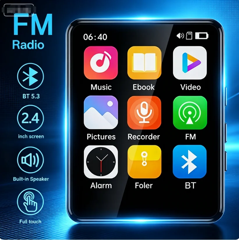 4" HD Touchscreen Bluetooth 5.3 Pocket MP3 Player, Ultra Portable Built-in Stereo Speaker