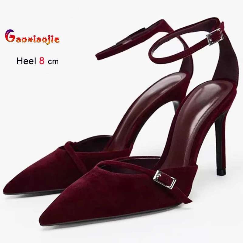 

New Wine Red Black Slim High Heels Women's Shoes Pointed Suede Ladies Pumps Ankle Buckle Back Strap Sandals Stiletto Party Shoes