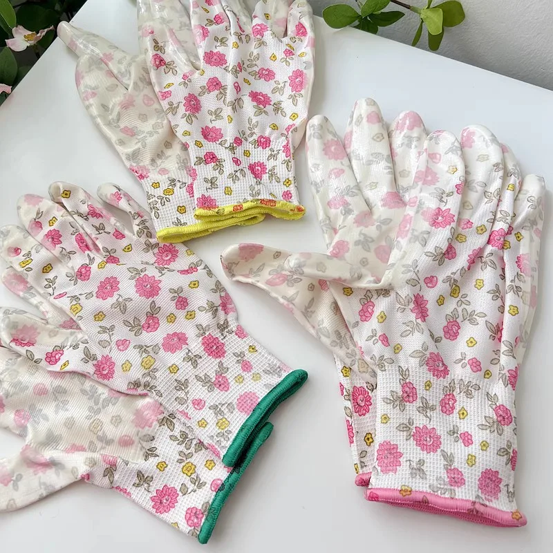 Floral Print Lightweight Work Gloves Non Slip Breathable Protective Gloves For Gardening Household Cleaning Yard Work