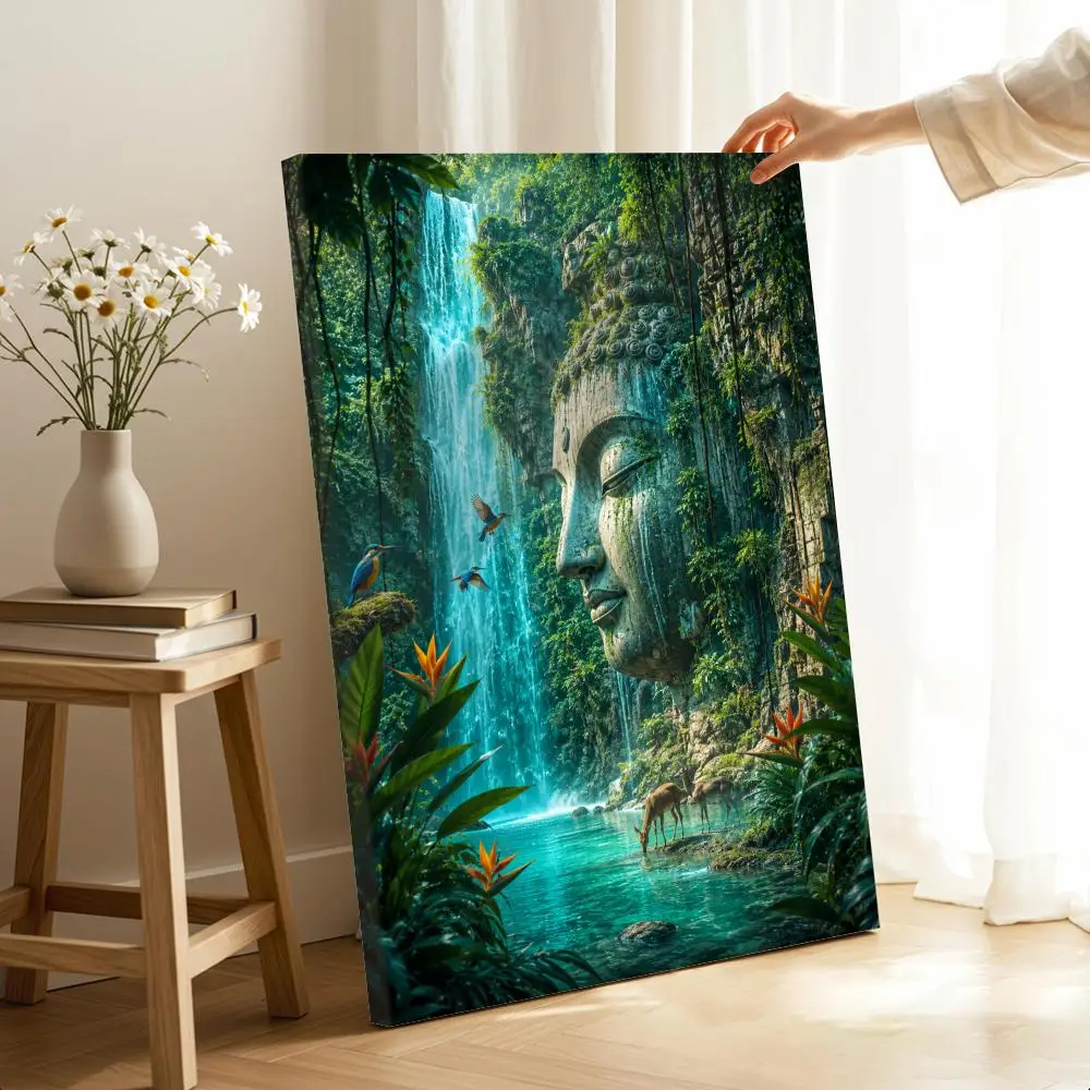 Buddha in nature Framed Wall Painting Ready to Hang Canvas Art Poster for Living Room Bedroom Home Decor Decals