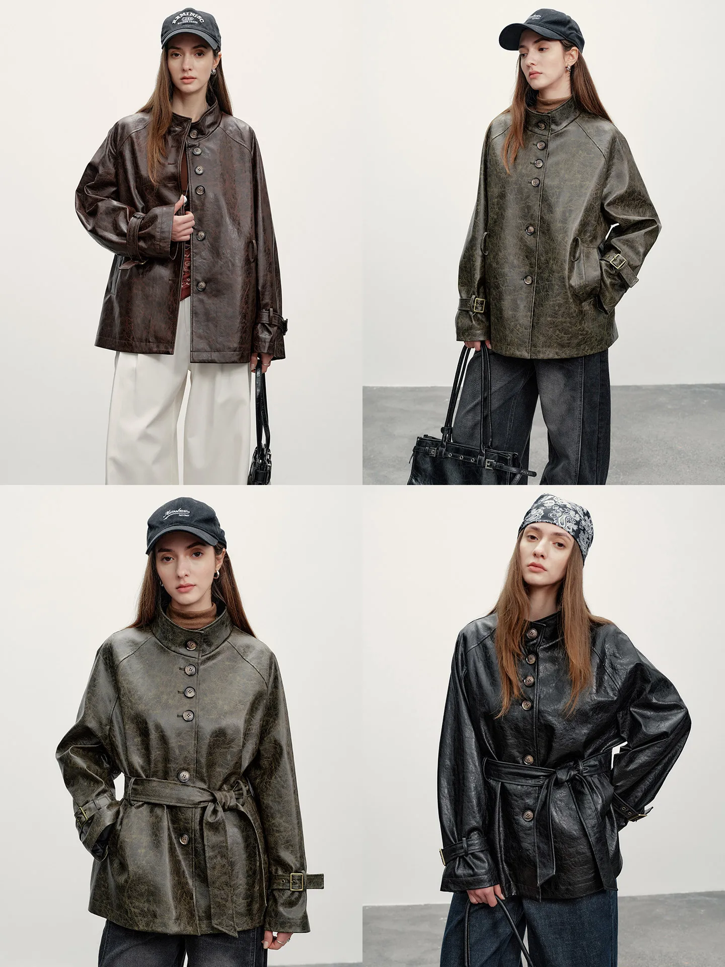 Women's Stand Collar PU Leather Jaet Heavy Work Suede Tannery Vintage Sle Long Sve mid Length Coat Caramel Rum