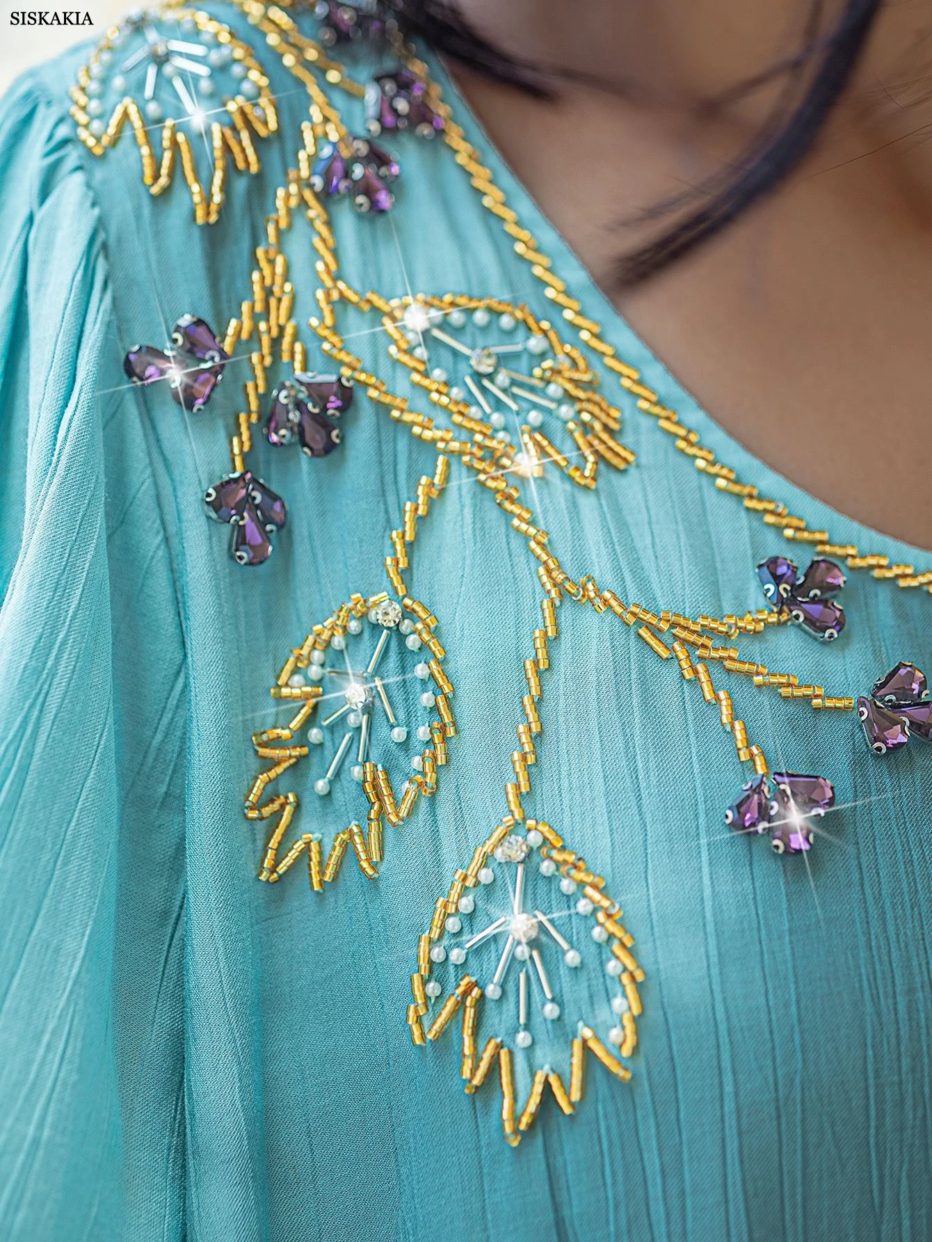 Siskakia Dubai elegante vestido de noite feminino com miçangas e gola redonda 	 Abaya Três Quartos Kaftan Flare Manga Caftan Marocain Femme