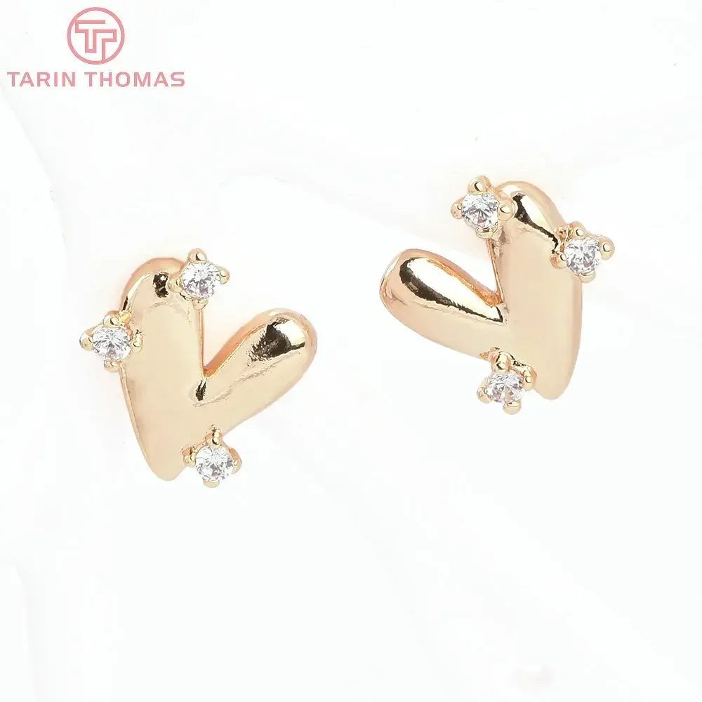 (7089) 4PCS 13.5x15MM 24K Gold Color Brass with Zircon Heart Shaped Symmetrical Stud Earrings High Quality DIY Jewelry Findings