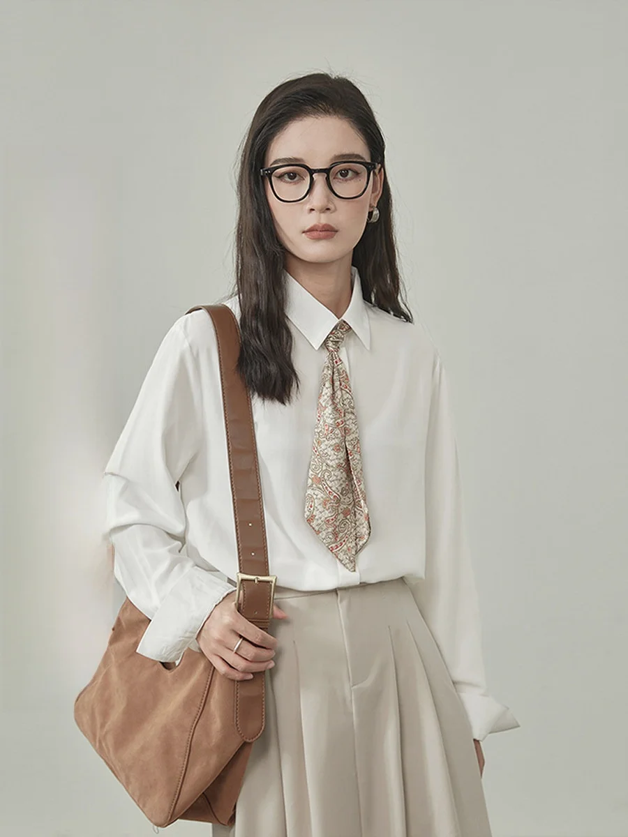 

Ele Collar Long Sve irt Women's Basic Inner Wear Versatile Korean Sle Commute Faion Loose Fit Button Detail