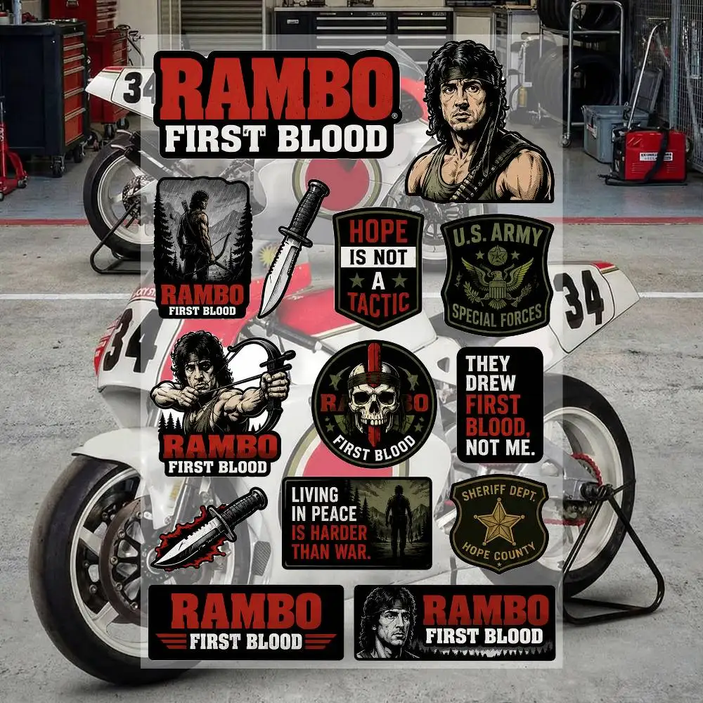 R-aM-bO- FiR-S-t BL-O-O-d Ästhetische Graffiti Wasserfeste PVC-Aufkleber für Auto Motorrad Skateboard Helm Notizbuch