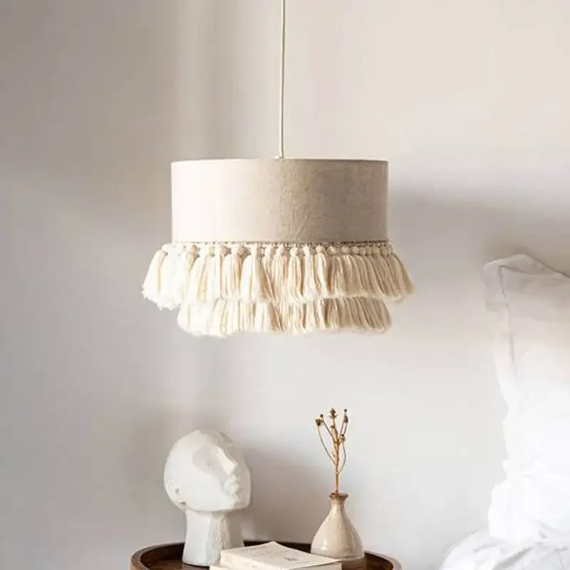 Bohemian Fabric Pendant Lamp Japanese Retro Wabi Sabi light white fringe lampshade for Living Room Bedroom Restaurant lighting