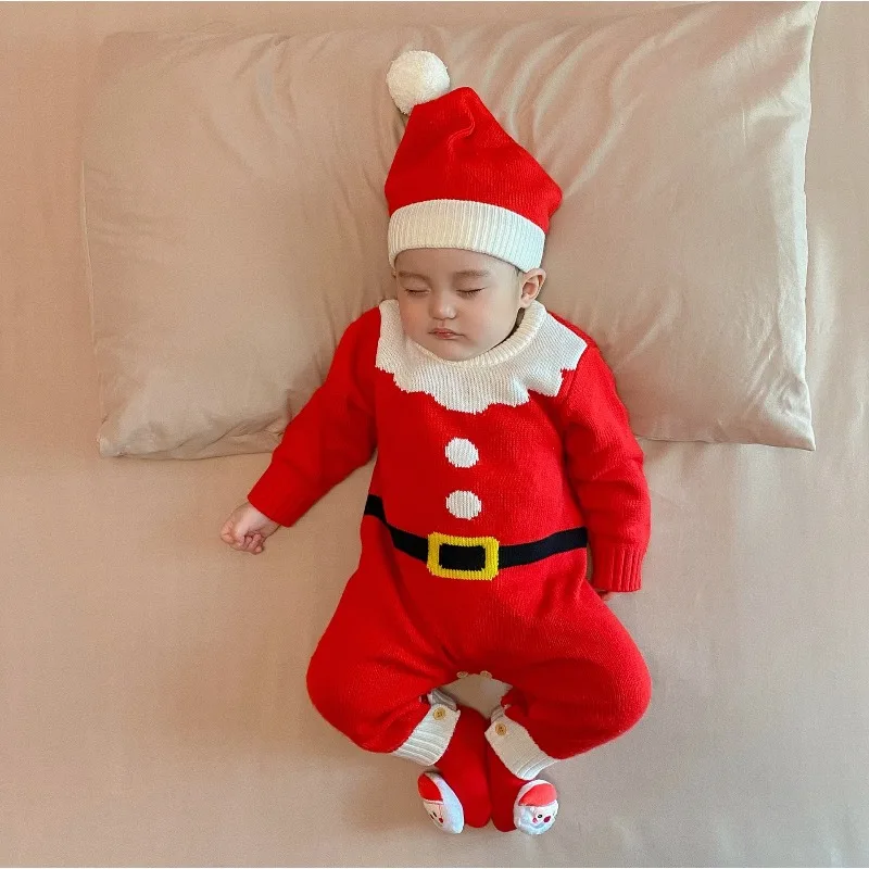

3PCS Infant Christmas Outfits Baby Romper Clothes Winter Red Santa Claus Newborn Infant Long Sleeve Jumpsuits +Hat+socks