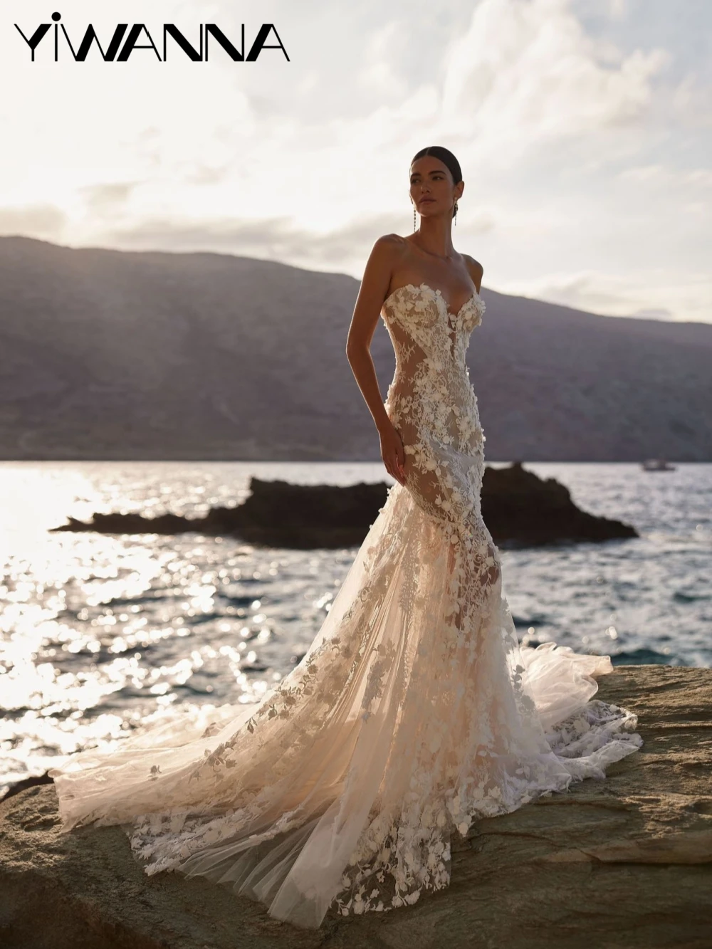 

Charming Illusion Lace 3D Flower Wedding Dress Sexy V-neck Mermaid Long Bridal Gown Customized Graceful Dresses For Bride