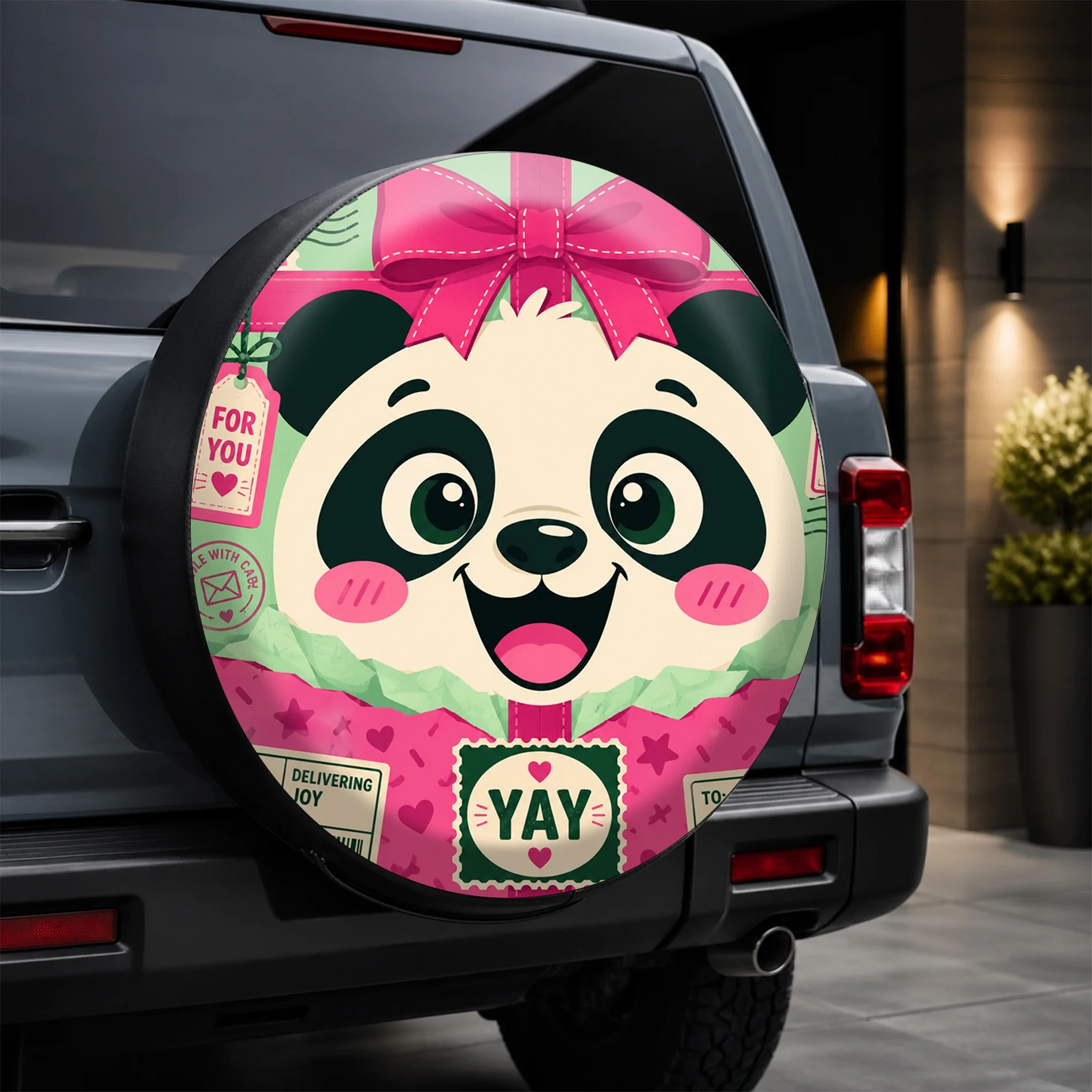 1pc Cute Cartoon Panda Style Printed Pattern Car Tire Cover, Stylish Universal Wheel Hub Protector, With Spare Tire Protection F