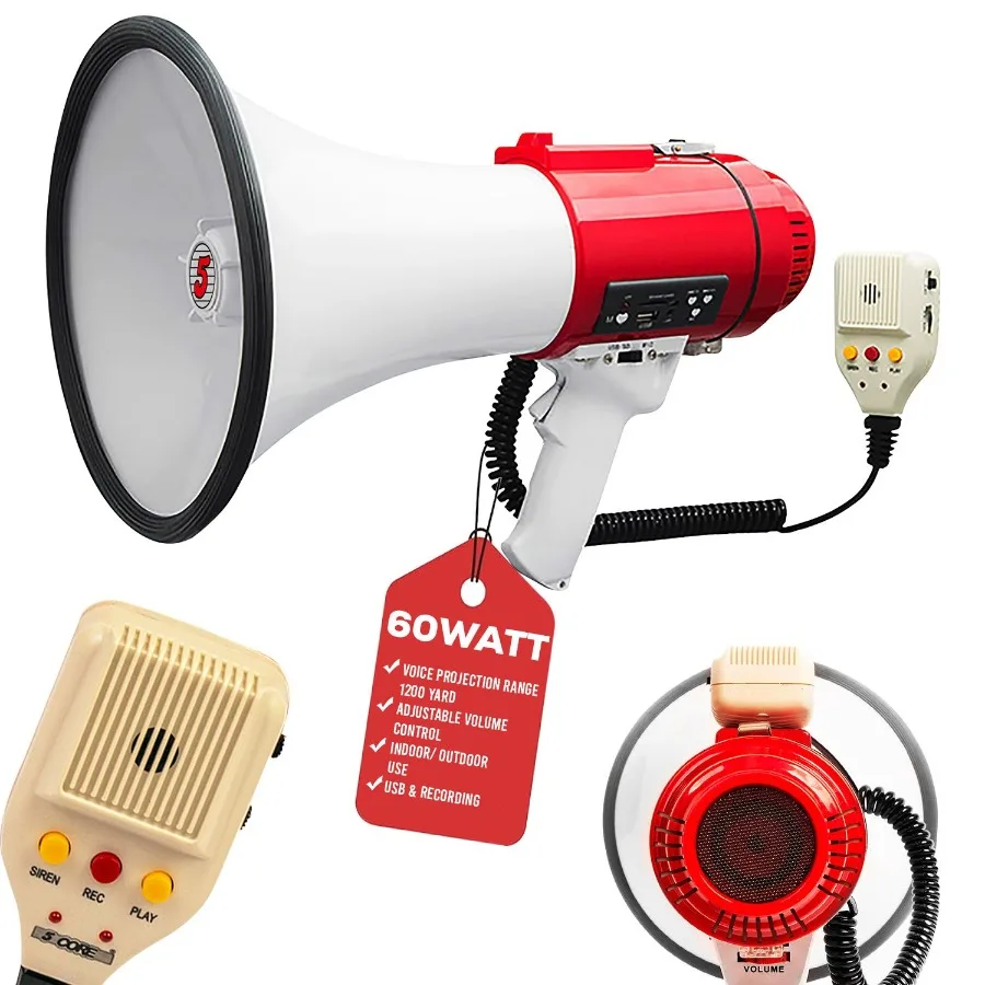 

5 Core Megaphone Bullhorn Speaker 60W Professional Bull Horn Battery Power Cheer Megafono 1200 Ft Range Loudspeaker W Siren Rrd