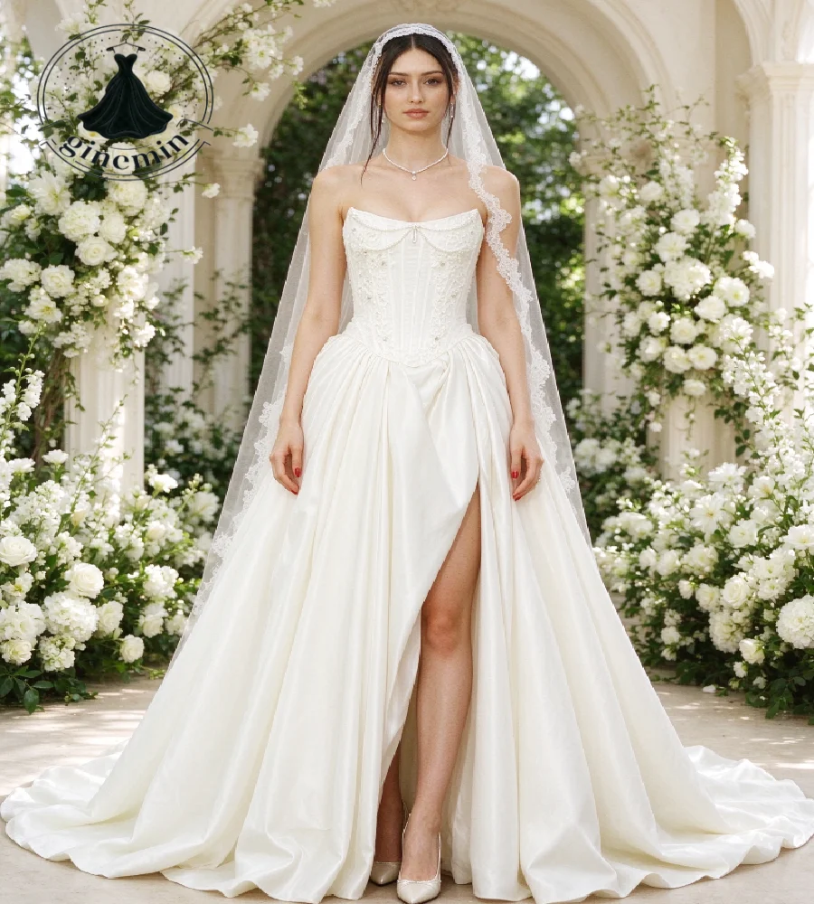 Elegant French Wedding Dress With Pearls Strapless A Line High Slit Boho Bridal Gowns Garden Beach Satin Chapel Train Customized