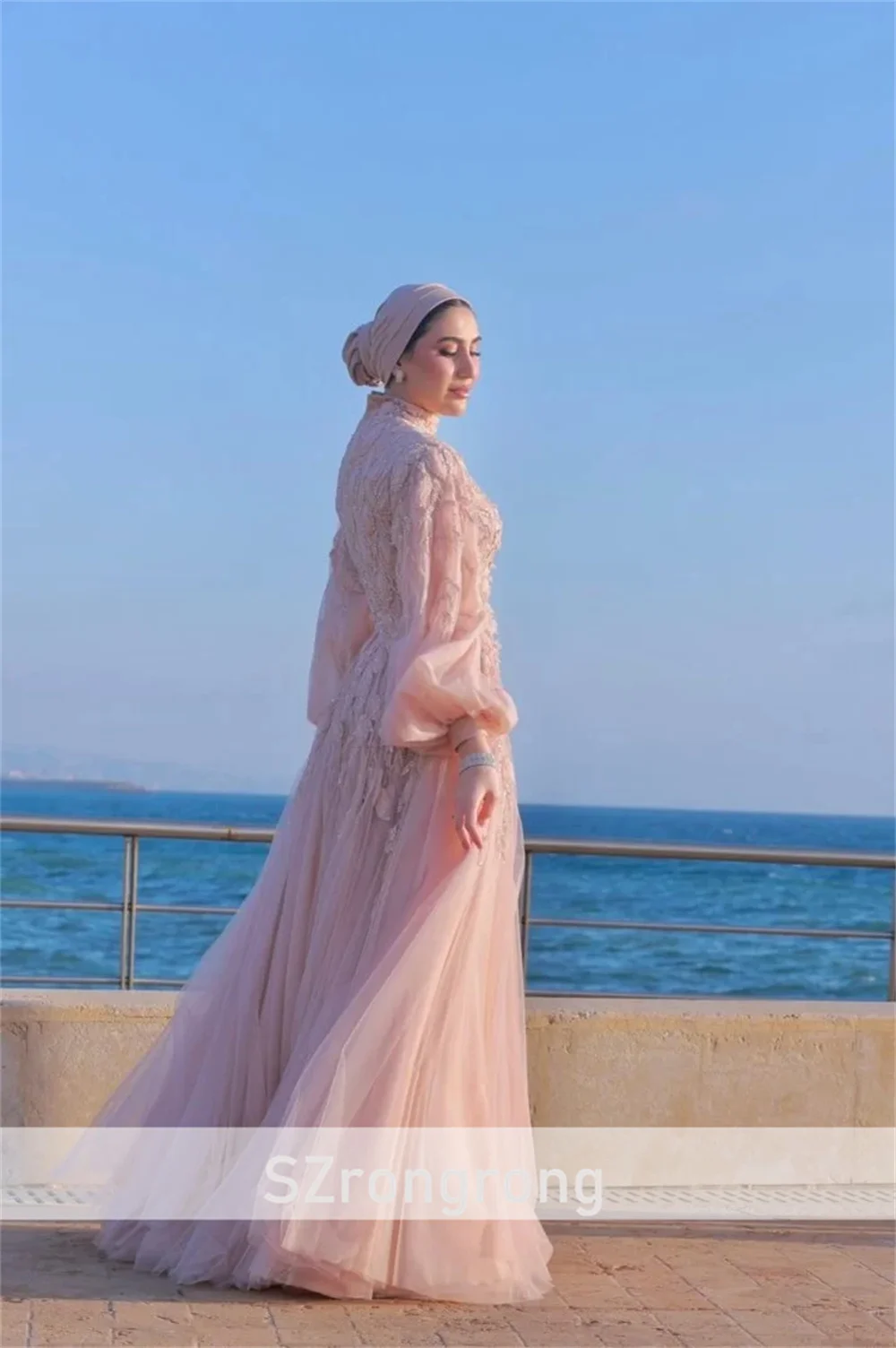 Vestido árabe saudí de encaje de tul con cuello alto para mujer, manga larga abombada, corte en A, vestido largo para madre de novia con corte personalizado