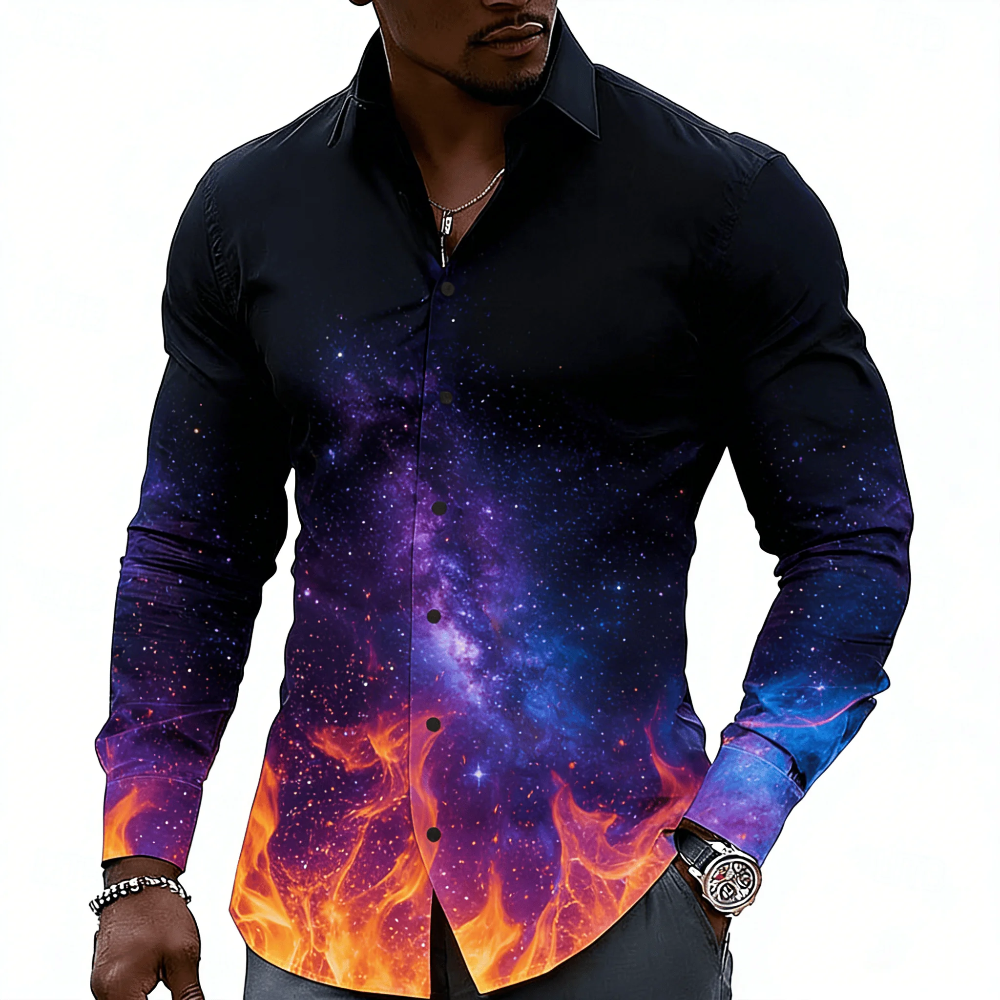 

Men's Galaxy Fire Gradient Print Lapel Shirt, Spring Summer Party Top, Cosmic Flame Night Sky Design