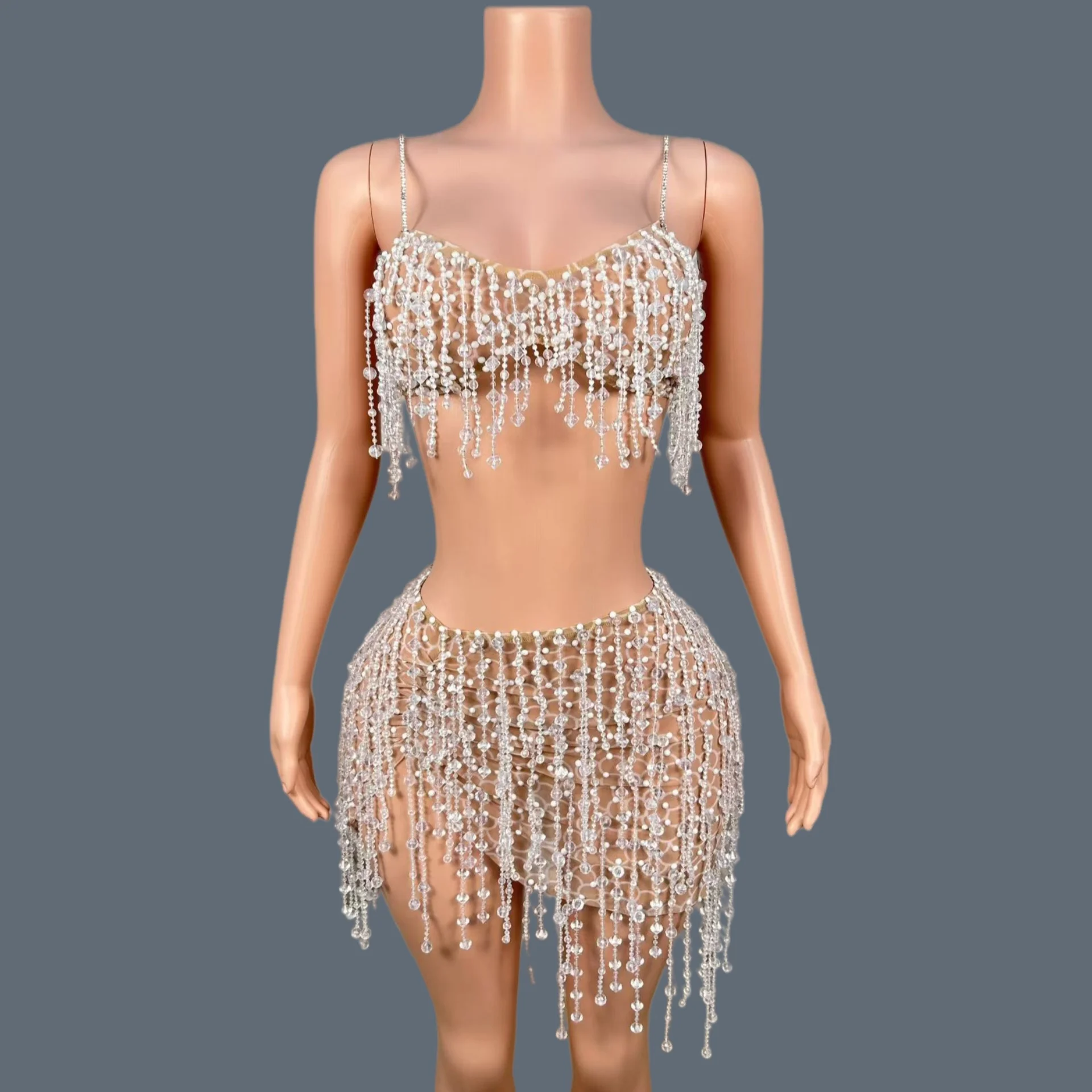 

Clear Crystal Beaded Tassel Two Piece Set Spaghetti Strap Crop Top Mini Skirt Mesh Stage Performance Club Sexy Outfit Bingbao