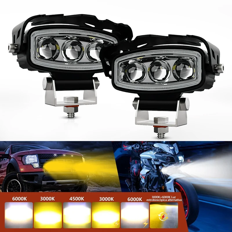 Motorcycle LED Spotlight Hi/Low Beam Fog Lamps Auxiliary Headlight Driving Light Yellow+White Light